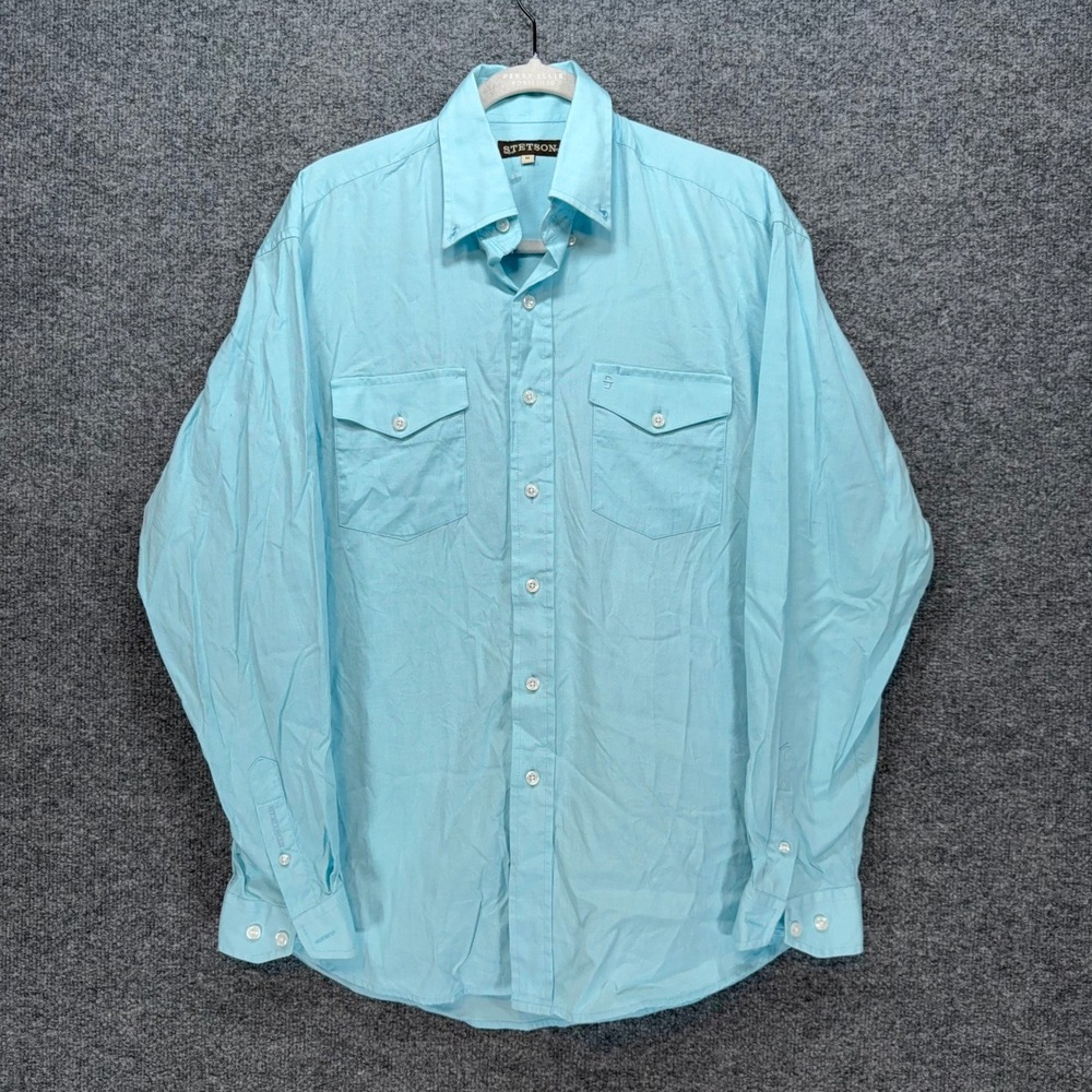 Stetson Western Shirt Mens Medium Light Blue Cotton Yoke Pockets Cowboy Casual